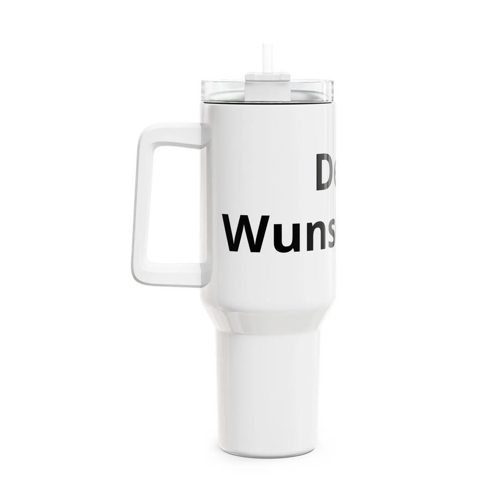 Großer personalisierter Edelstahl Thermobecher mit Wunschtext, doppelwandiger Vakuumisolierung, Griff und transparentem Deckel mit Trinkhalm.