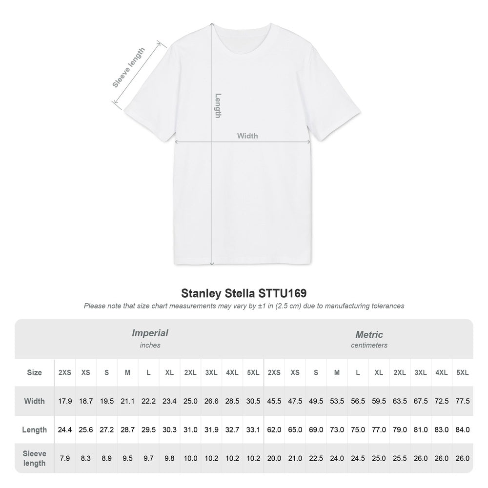 Größentabelle des personalisierbaren Unisex T-Shirts Stanley/Stella STTU169 mit Maßangaben für Breite, Länge und Ärmellänge in Zentimetern und Zoll.
