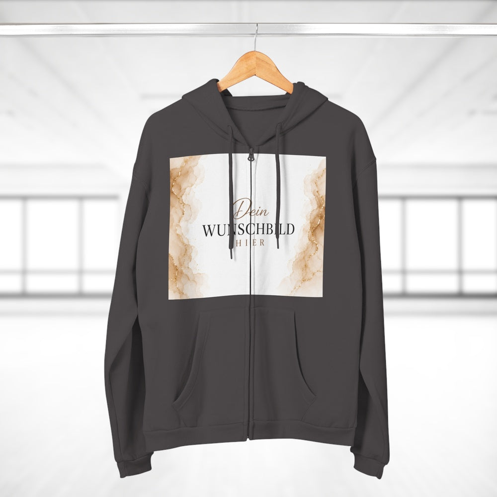 Anthrazitfarbener Zip-Hoodie mit Wunschbild auf einem Kleiderbügel präsentiert – ideal zur Veranschaulichung der Passform.
