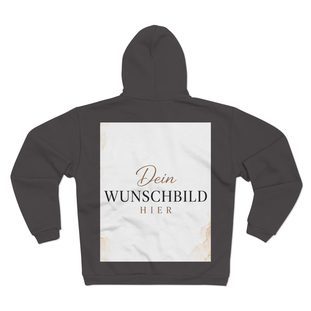 Anthrazitfarbener Zip-Hoodie mit großflächigem Wunschbild auf der Rückseite zur individuellen Gestaltung.