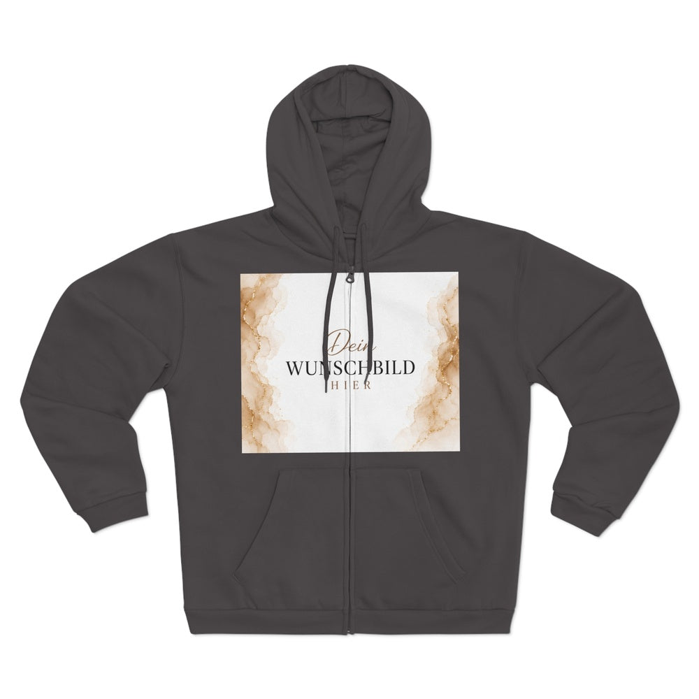 Anthrazitfarbener Zip-Hoodie mit großem personalisierbarem Wunschbild auf der Vorderseite und durchgehendem Reißverschluss.