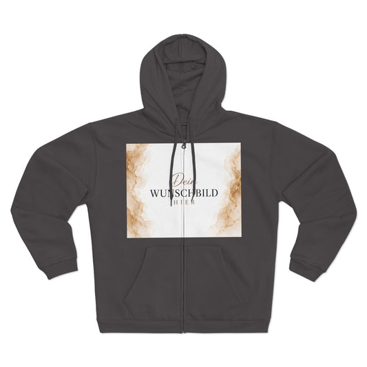 Anthrazitfarbener Zip-Hoodie mit großem personalisierbarem Wunschbild auf der Vorderseite und durchgehendem Reißverschluss.