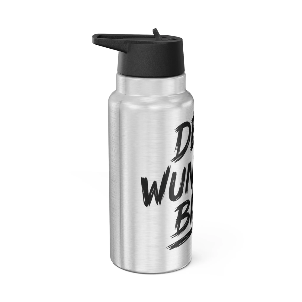 Seitenansicht der personalisierten Gator Edelstahl-Trinkflasche mit Flip-Top-Deckel und integriertem Trinkhalm.
