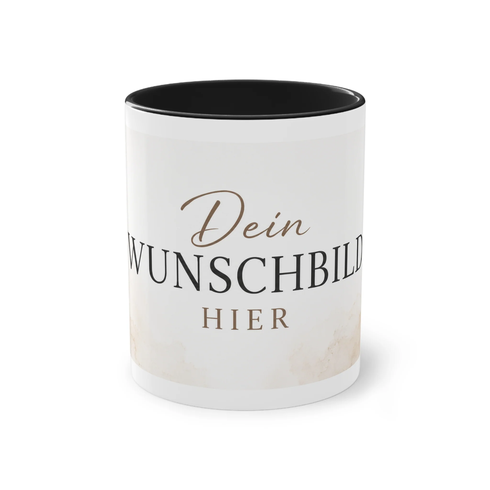 Vorderansicht einer personalisierten Two-Tone Tasse mit schwarzem Innenbereich und Platzhalter für ein individuelles Wunschbild.