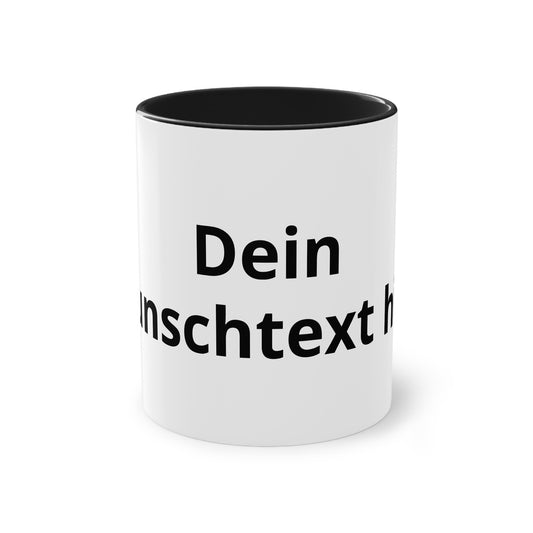 Vorderansicht einer personalisierten Two-Tone Keramiktasse mit schwarzem Henkel und schwarzer Innenseite für einen individuell gestaltbaren Wunschtext.