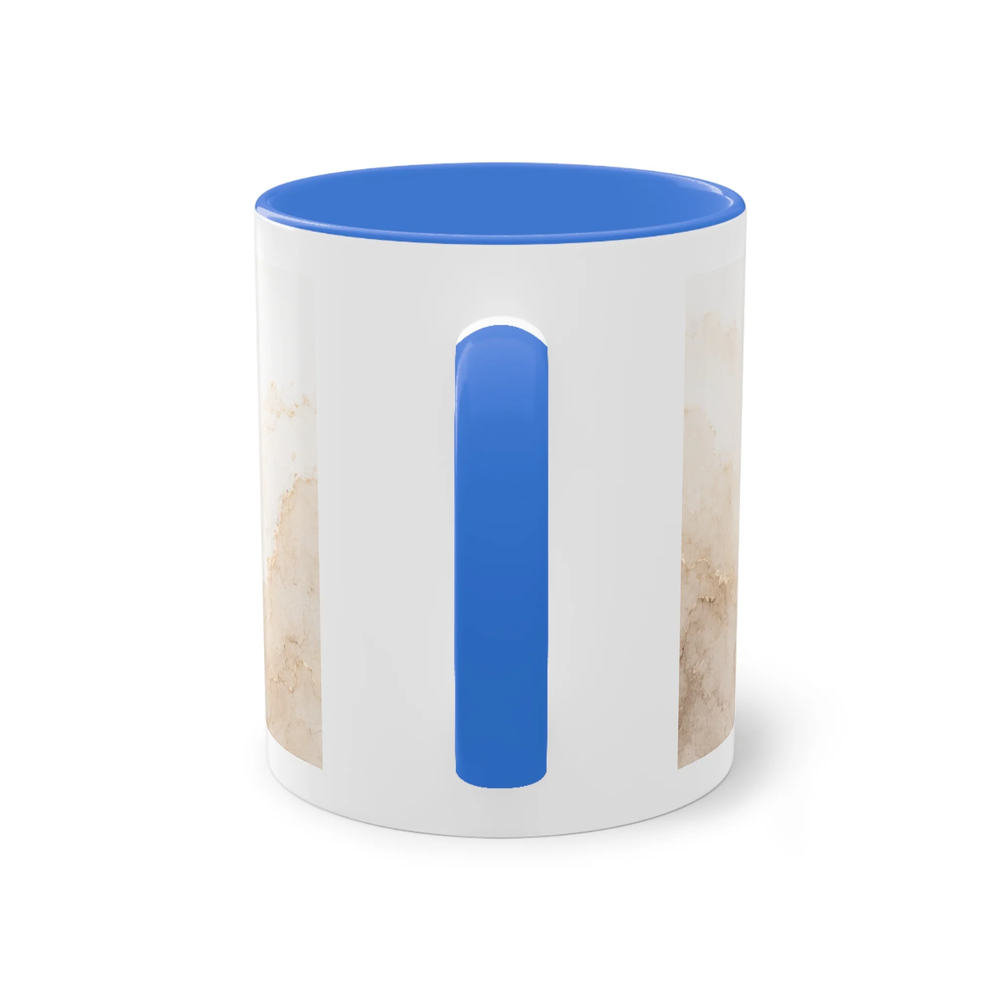 Rückansicht einer weißen Two-Tone Keramiktasse mit blauem Henkel und blauem Innenbereich ohne sichtbares Motiv.