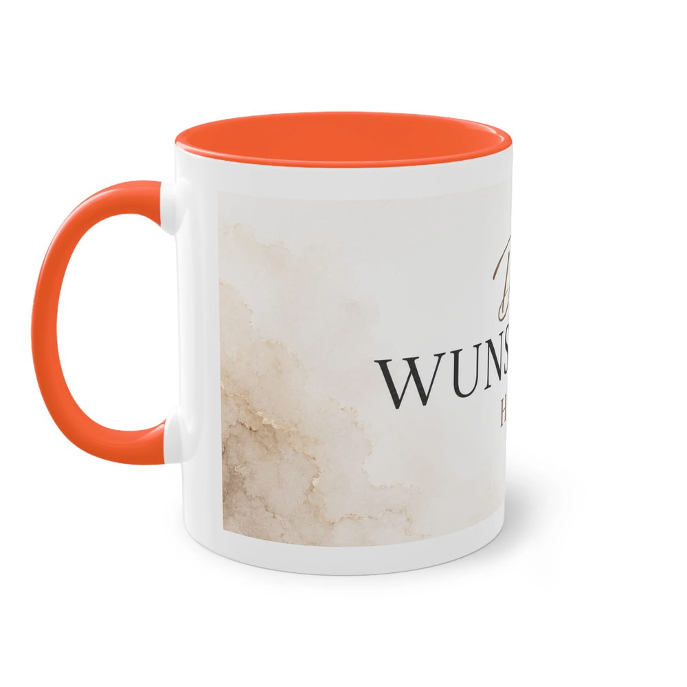 Weiße Two-Tone Tasse mit orangem Henkel und orangem Innenbereich aus einer weiteren Seitenperspektive mit individueller Druckfläche.