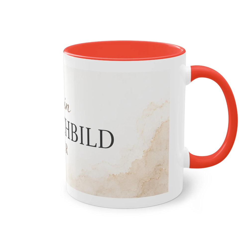 Seitliche Ansicht einer weißen Two-Tone Tasse mit rotem Henkel und Druckfläche für ein individuelles Wunschbild.