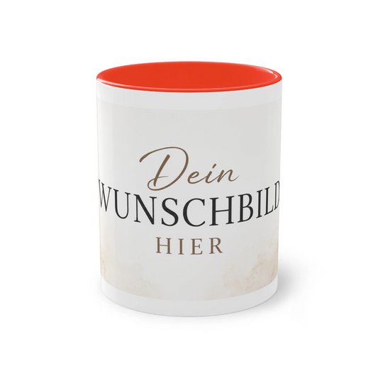 Vorderansicht einer personalisierten Two-Tone Keramiktasse mit rotem Innenbereich und Platzhalter für ein individuelles Wunschbild.