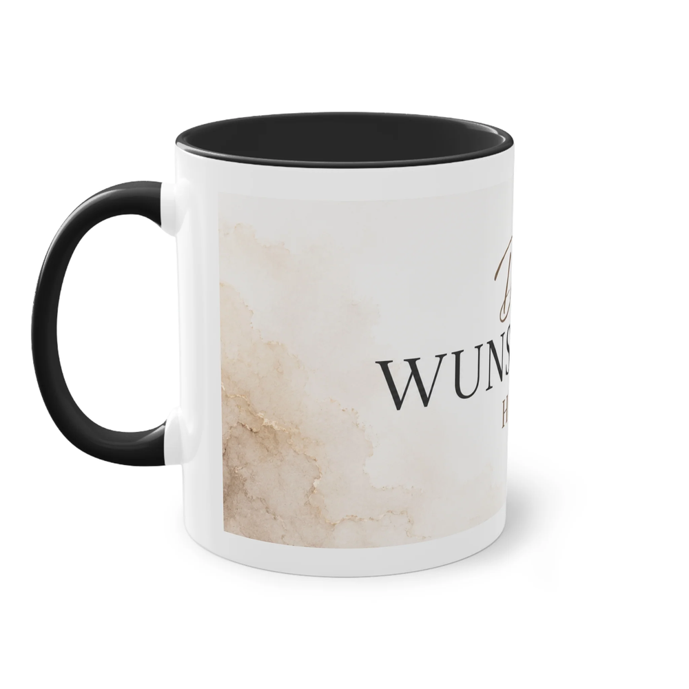 Weiße Two-Tone Tasse mit schwarzem Henkel und schwarzem Innenbereich aus einer weiteren Seitenperspektive mit individueller Druckfläche.