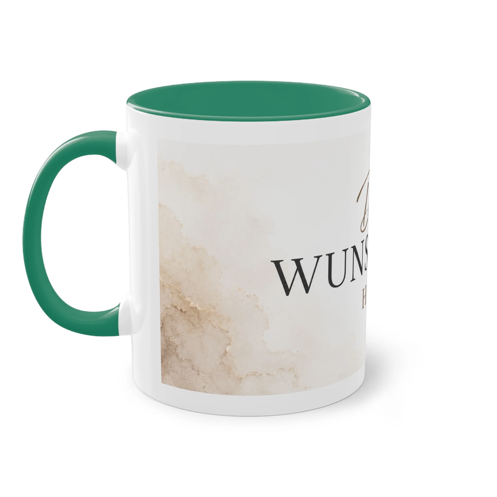 Weiße Two-Tone Tasse mit grünem Henkel und grünem Innenbereich aus einer weiteren Seitenperspektive mit individueller Druckfläche.