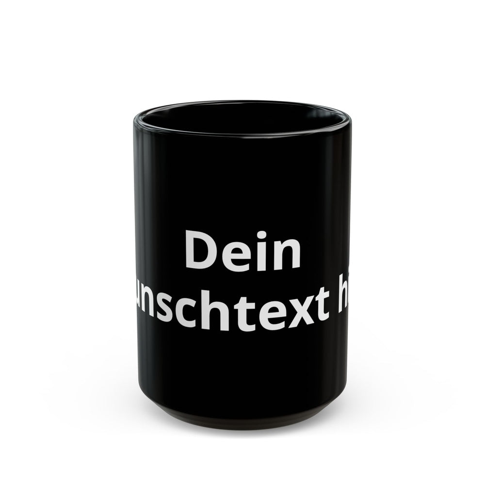 Schwarze Keramiktasse mit individuellem Wunschtext und großem Fassungsvermögen – ideal für Kaffee, Tee oder Kakao.