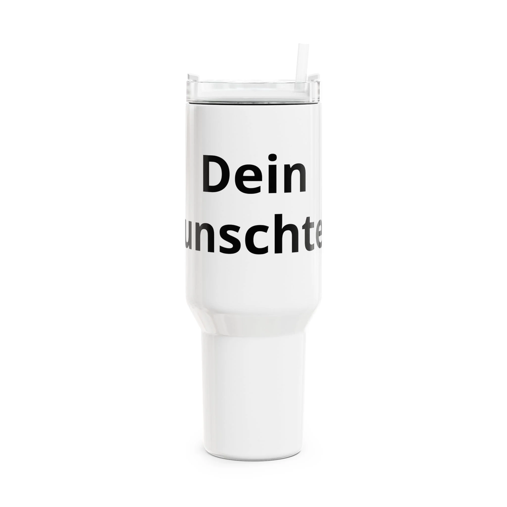 Personalisierter Edelstahl Thermobecher mit Wunschtext, 1.180 ml Fassungsvermögen, ergonomischem Griff und Trinkhalm in der Vorderansicht.