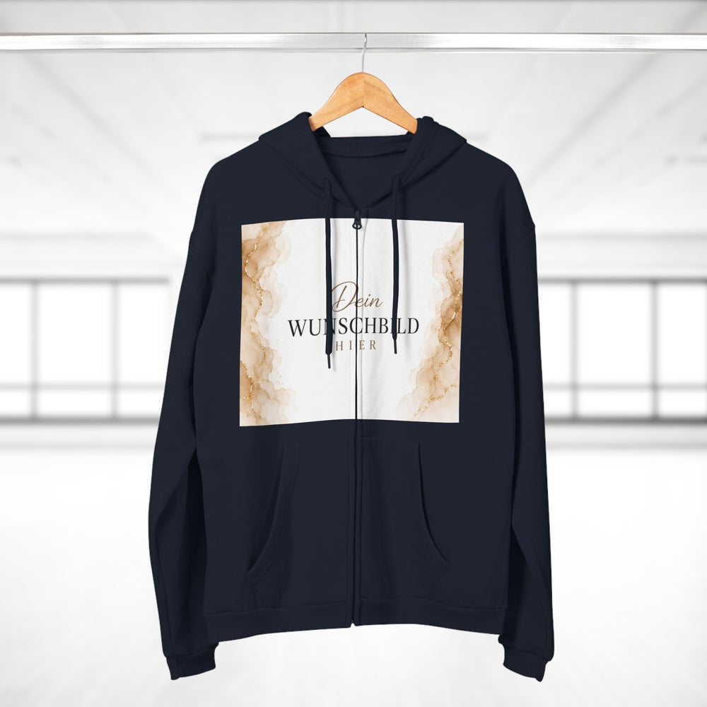Personalisierbarer Navy Zipper Hoodie auf einem Kleiderbügel mit individuell bedruckbarer Vorderseite.