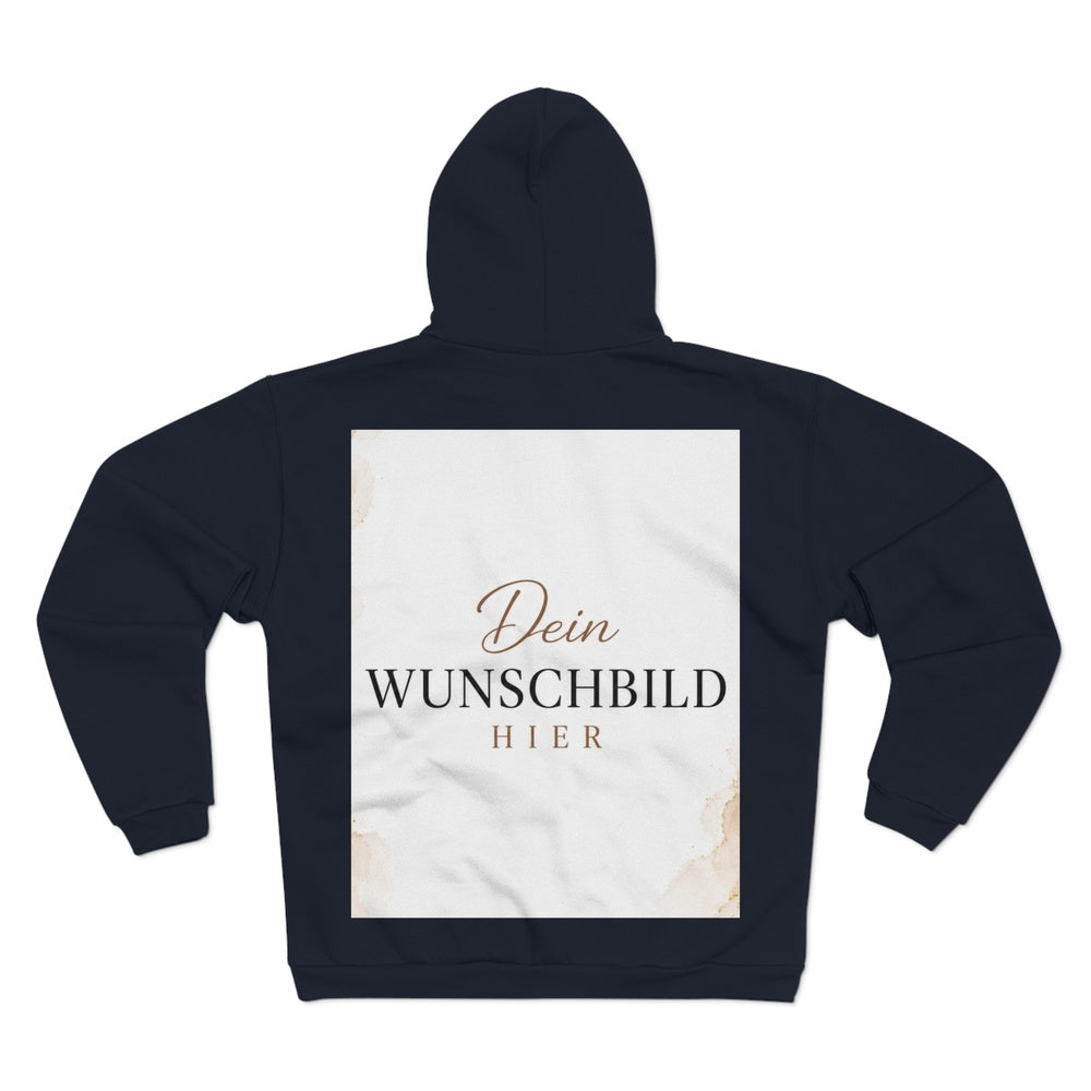 Navy Zipper Hoodie mit großflächigem Druckbereich auf der Rückseite zur individuellen Gestaltung mit eigenem Foto oder Motiv.