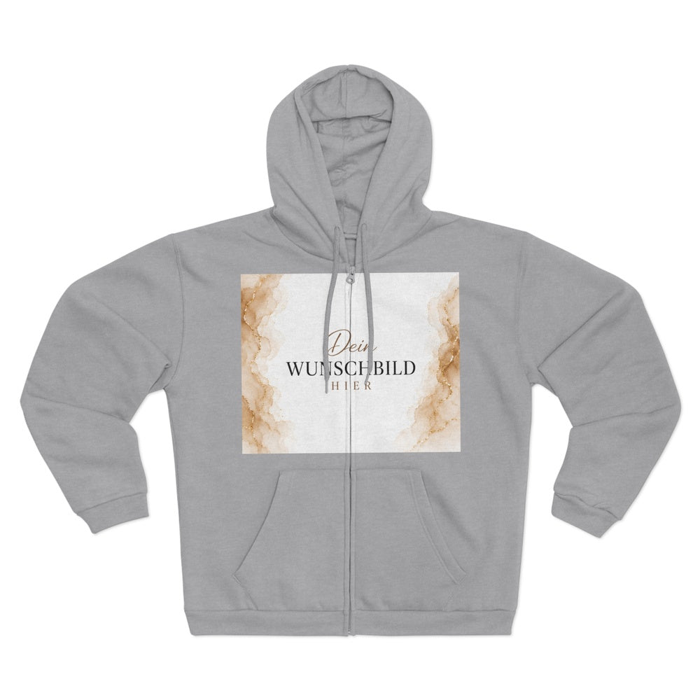 Heather Grey Zipper Hoodie mit großem Druckbereich auf der Vorderseite zur Gestaltung mit Wunschbild oder eigenem Motiv.