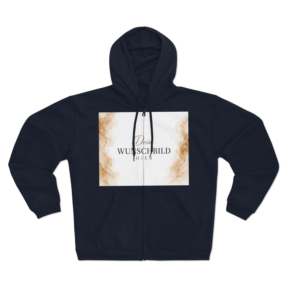 Navy Zipper Hoodie mit großem Druckbereich auf der Vorderseite zur Gestaltung mit Wunschbild oder eigenem Motiv.