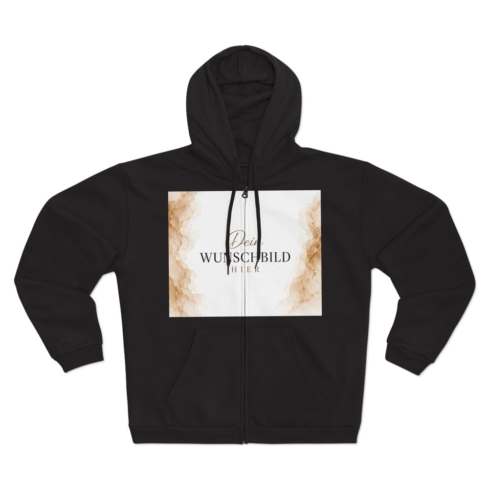 Schwarzer Zipper Hoodie mit großem Druckbereich auf der Vorderseite zur Gestaltung mit Wunschbild oder eigenem Motiv.