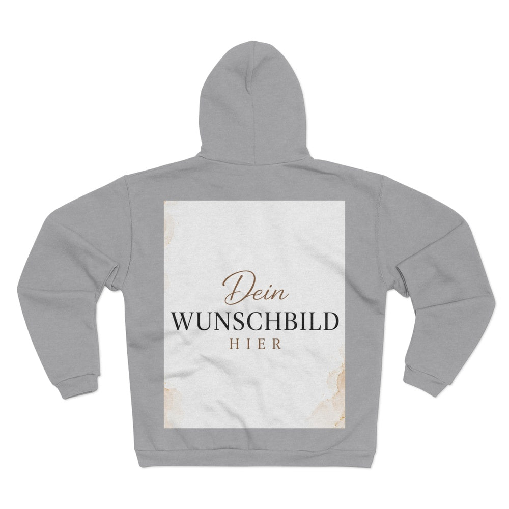 Heather Grey Zipper Hoodie mit großflächigem Druckbereich auf der Rückseite zur individuellen Gestaltung mit eigenem Foto oder Motiv.