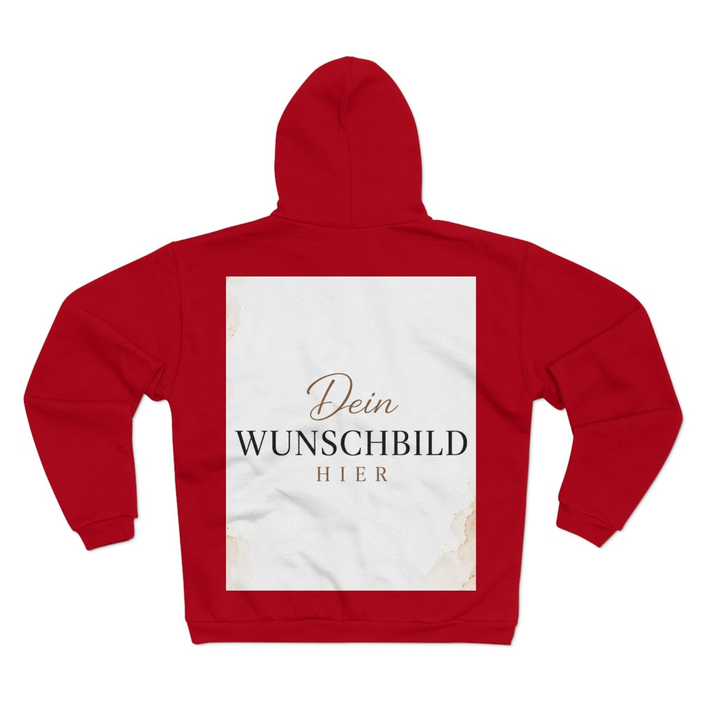 Roter Zipper Hoodie mit großflächigem Druckbereich auf der Rückseite zur individuellen Gestaltung mit eigenem Foto oder Motiv.