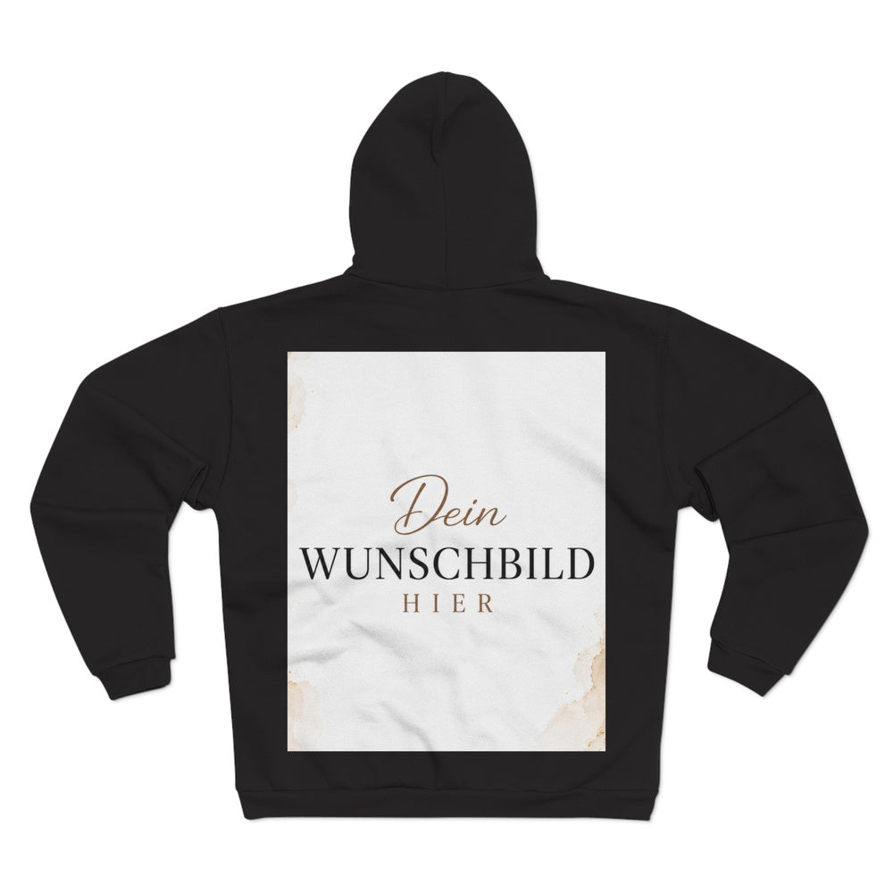 Schwarzer Zipper Hoodie mit großflächigem Druckbereich auf der Rückseite zur individuellen Gestaltung mit eigenem Foto oder Motiv.