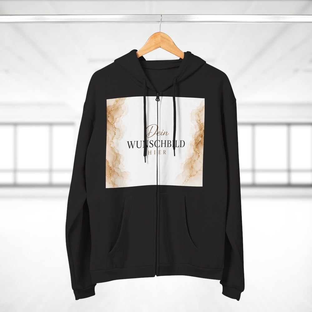 Personalisierbarer schwarzer Zipper Hoodie auf einem Kleiderbügel mit individuell bedruckbarer Vorderseite.