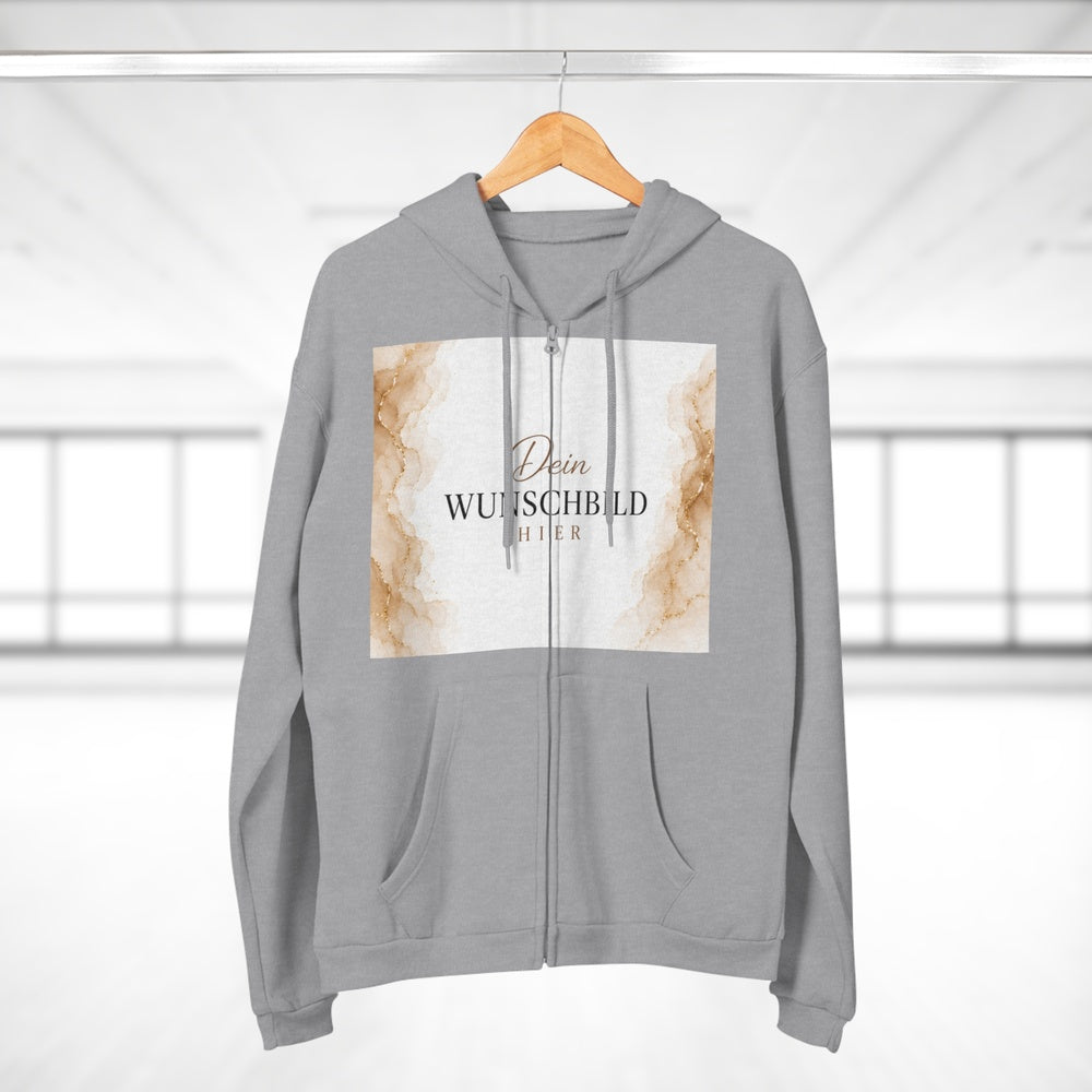 Personalisierbarer Heather Grey Zipper Hoodie auf einem Kleiderbügel mit individuell bedruckbarer Vorderseite.