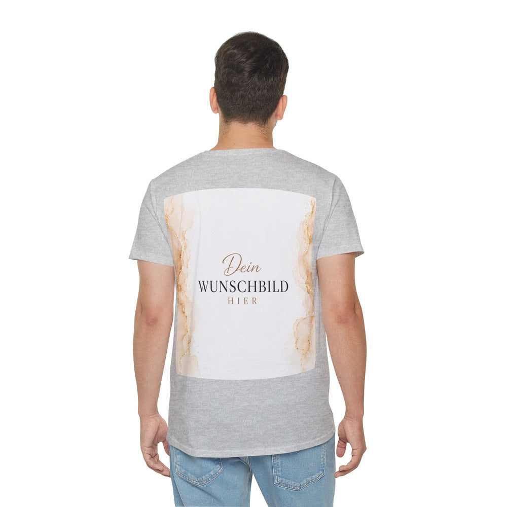Mann trägt ein graues personalisierbares T-Shirt mit großflächigem Wunschbild-Platzhalter im Marmor-Look