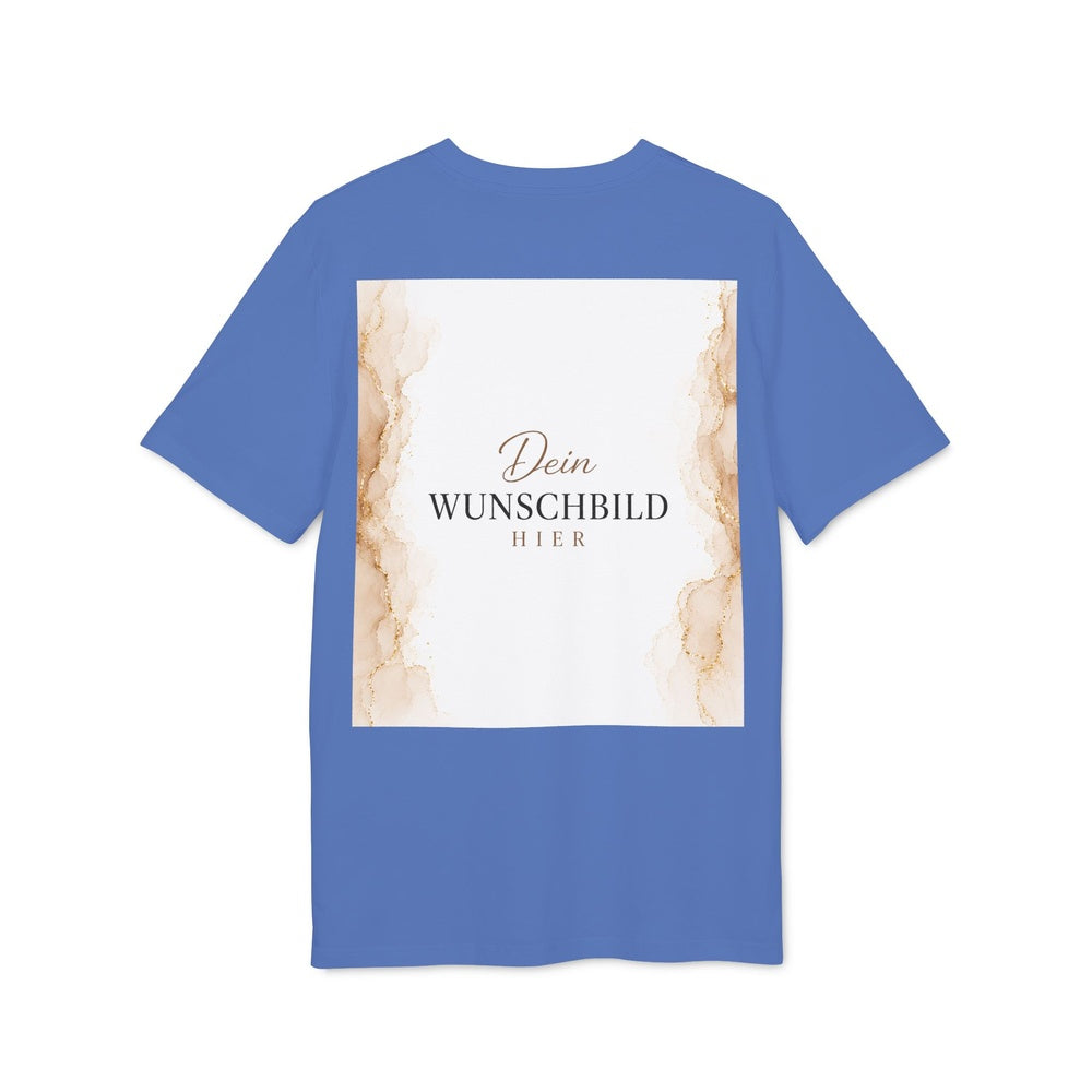 Rückansicht eines blauen T-Shirts in Bright Blue mit individuell gestaltbarem Wunschbild auf der Rückseite.