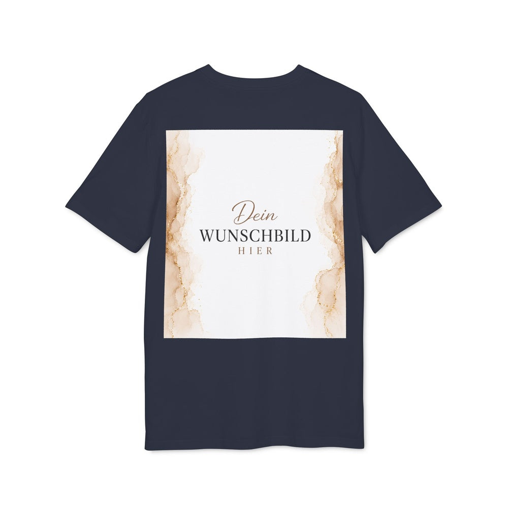 Rückansicht eines dunkelblauen T-Shirts in French Navy mit individuell gestaltbarem Wunschbild auf der Rückseite.
