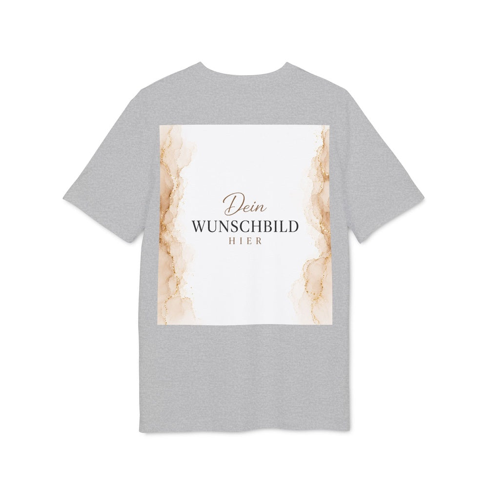 Rückansicht eines hellgrauen T-Shirts in Heather Grey mit individuell gestaltbarem Wunschbild auf der Rückseite.