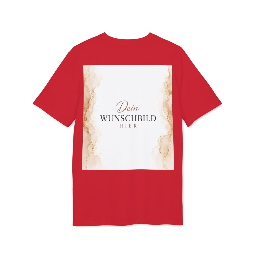Rückansicht eines roten T-Shirts mit individuell gestaltbarem Wunschbild auf der Rückseite.