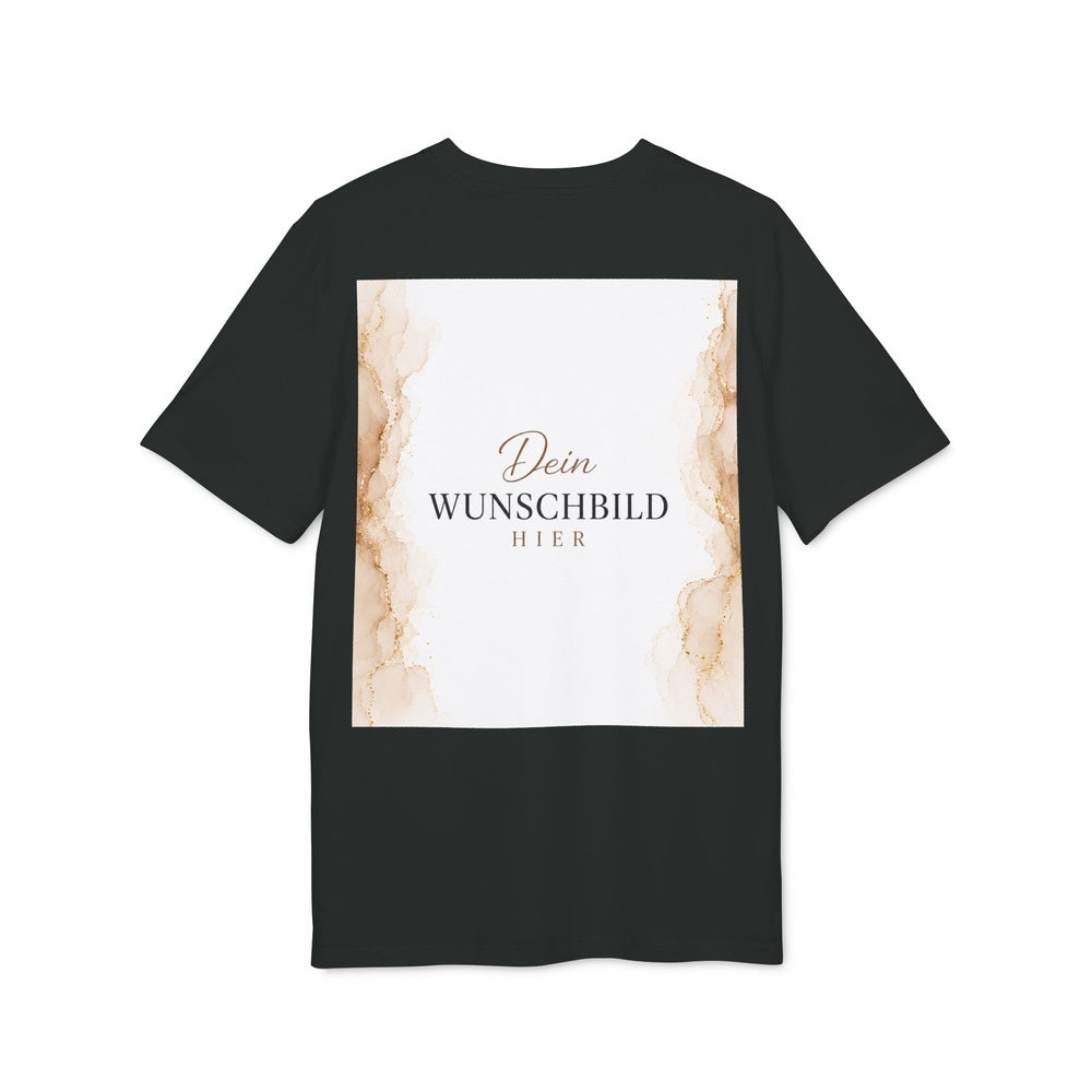 Rückansicht eines schwarzen T-Shirts mit individuell gestaltbarem Wunschbild auf der Rückseite.