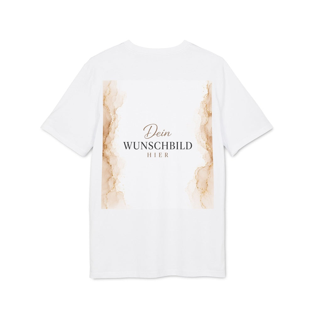 Rückansicht eines weißen T-Shirts mit individuell gestaltbarem Wunschbild auf der Rückseite.