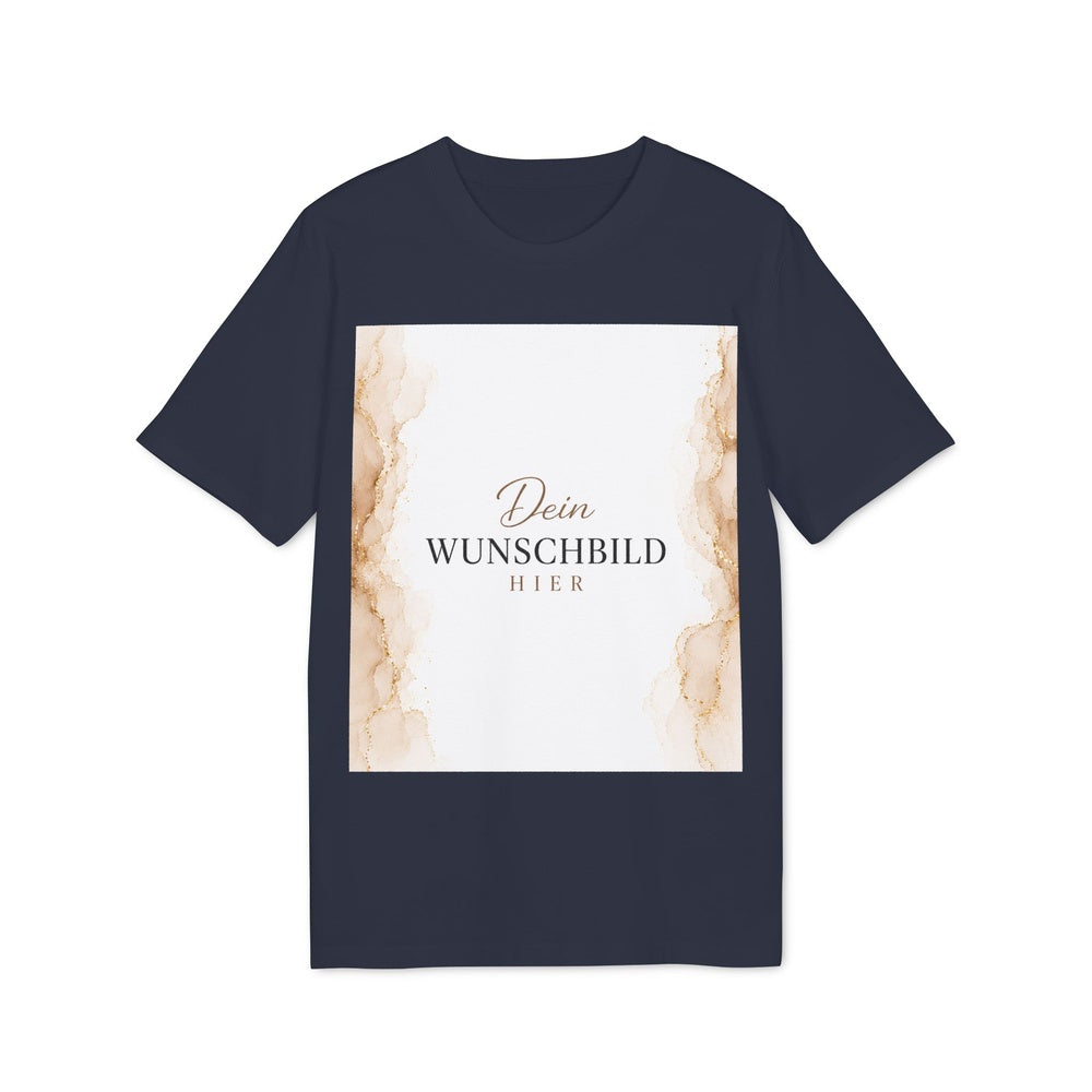 Vorderansicht eines dunkelblauen T-Shirts in French Navy mit personalisierbarem Wunschbild auf der Vorderseite.