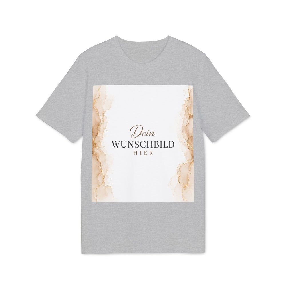 Vorderansicht eines hellgrauen T-Shirts in Heather Grey mit personalisierbarem Wunschbild auf der Vorderseite.