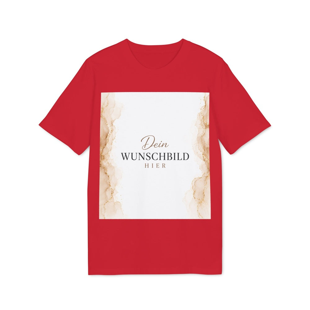 ALT-Text:
Vorderansicht eines roten T-Shirts mit personalisierbarem Wunschbild auf der Vorderseite.