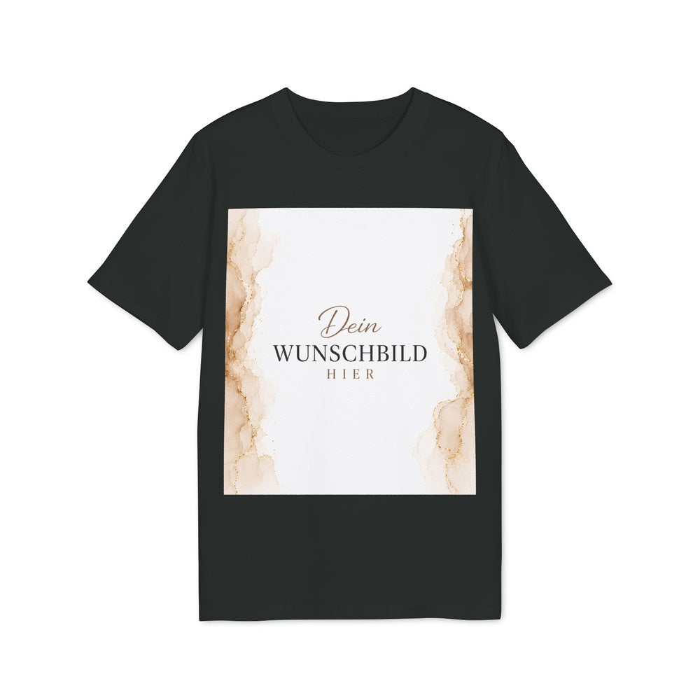 Vorderansicht eines schwarzen T-Shirts mit personalisierbarem Wunschbild auf der Vorderseite.