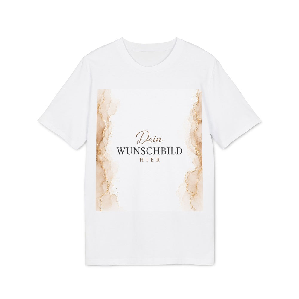 Vorderansicht eines weißen T-Shirts mit personalisierbarem Wunschbild auf der Vorderseite.