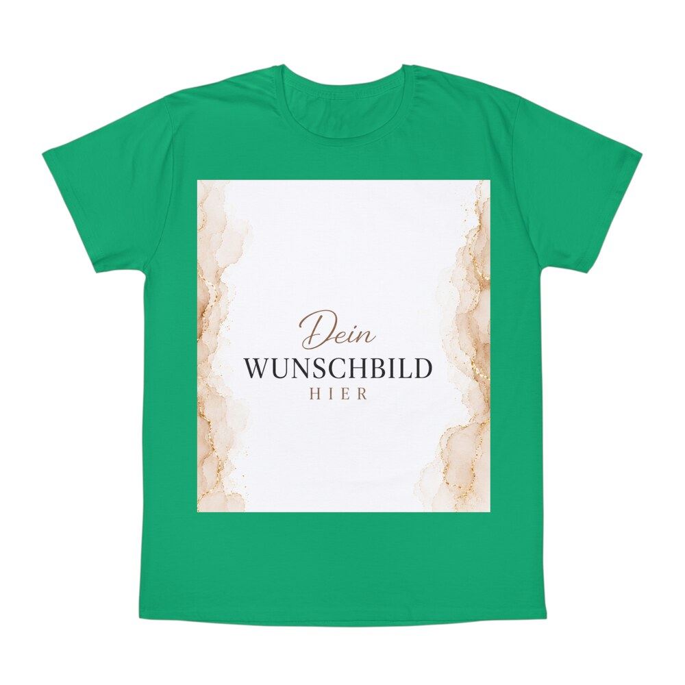 Grünes personalisierbares T-Shirt mit großflächigem Wunschbild-Platzhalter in Beige und Gold