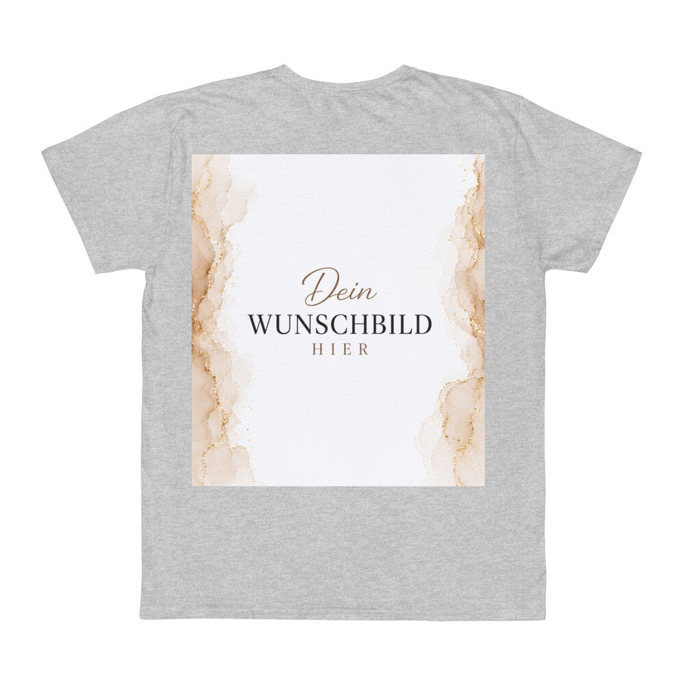 Graues personalisierbares T-Shirt mit großem Wunschbild-Platzhalter im Marmor-Look