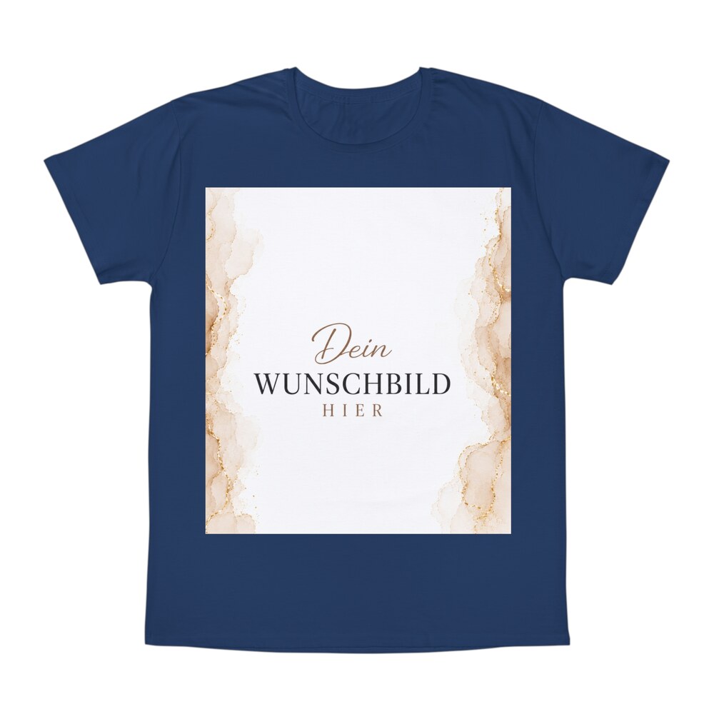Dunkelblaues personalisierbares T-Shirt mit rechteckigem Wunschbild-Platzhalter und Marmorrahmen
