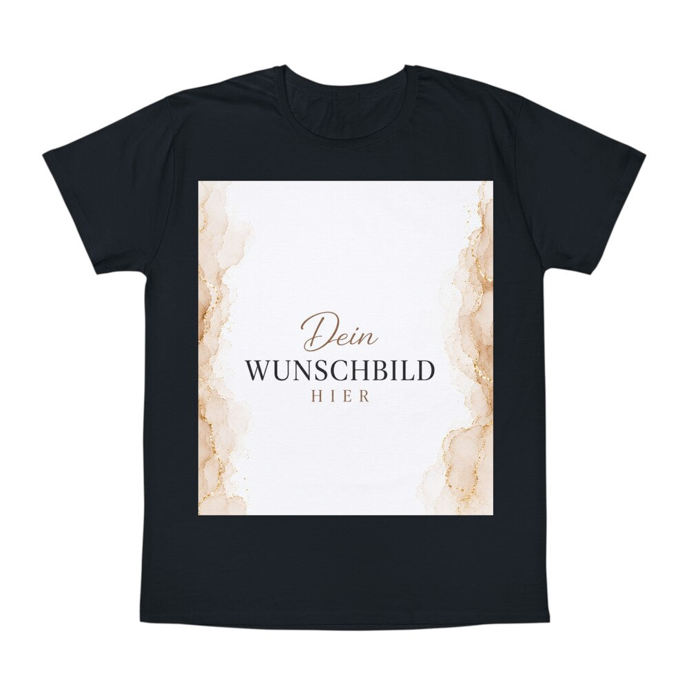 Schwarzes personalisierbares T-Shirt mit großem Wunschbild-Platzhalter in Beige und Gold
