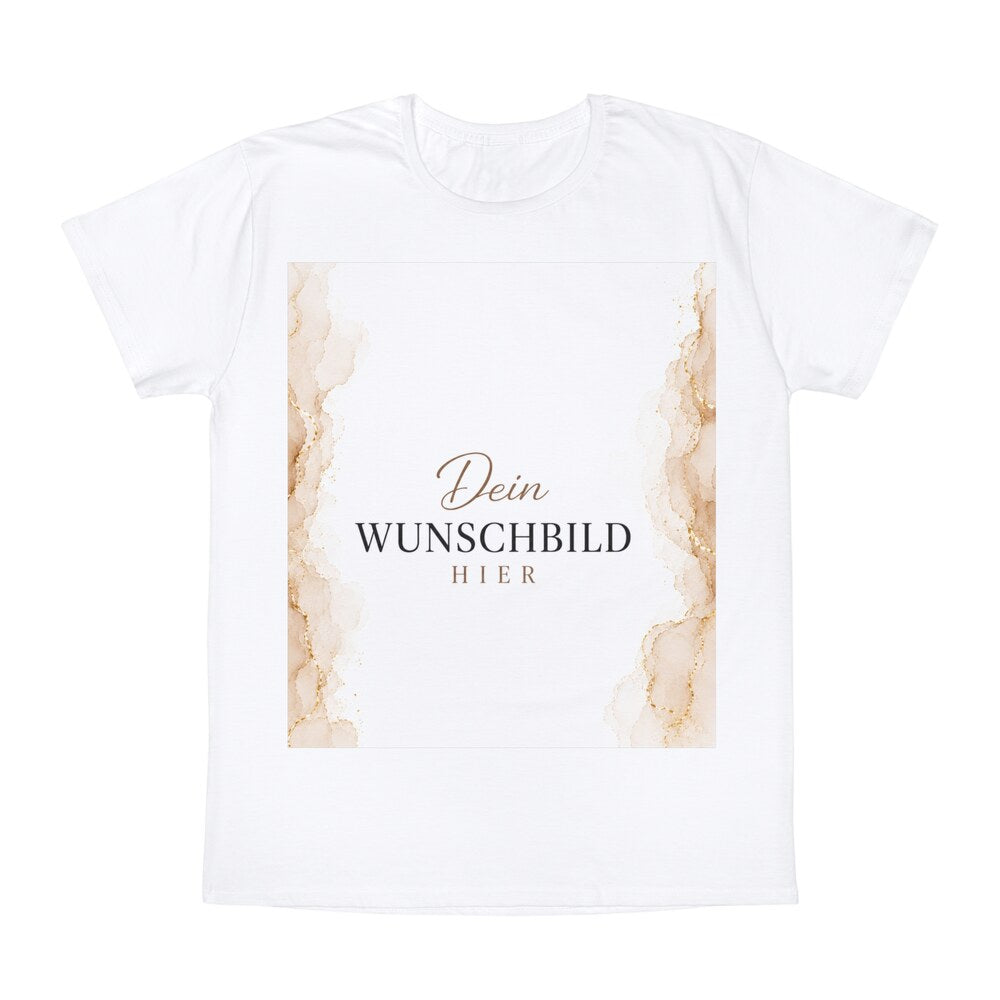 Weißes personalisierbares T-Shirt mit rechteckigem Wunschbild-Platzhalter im Marmor-Look
