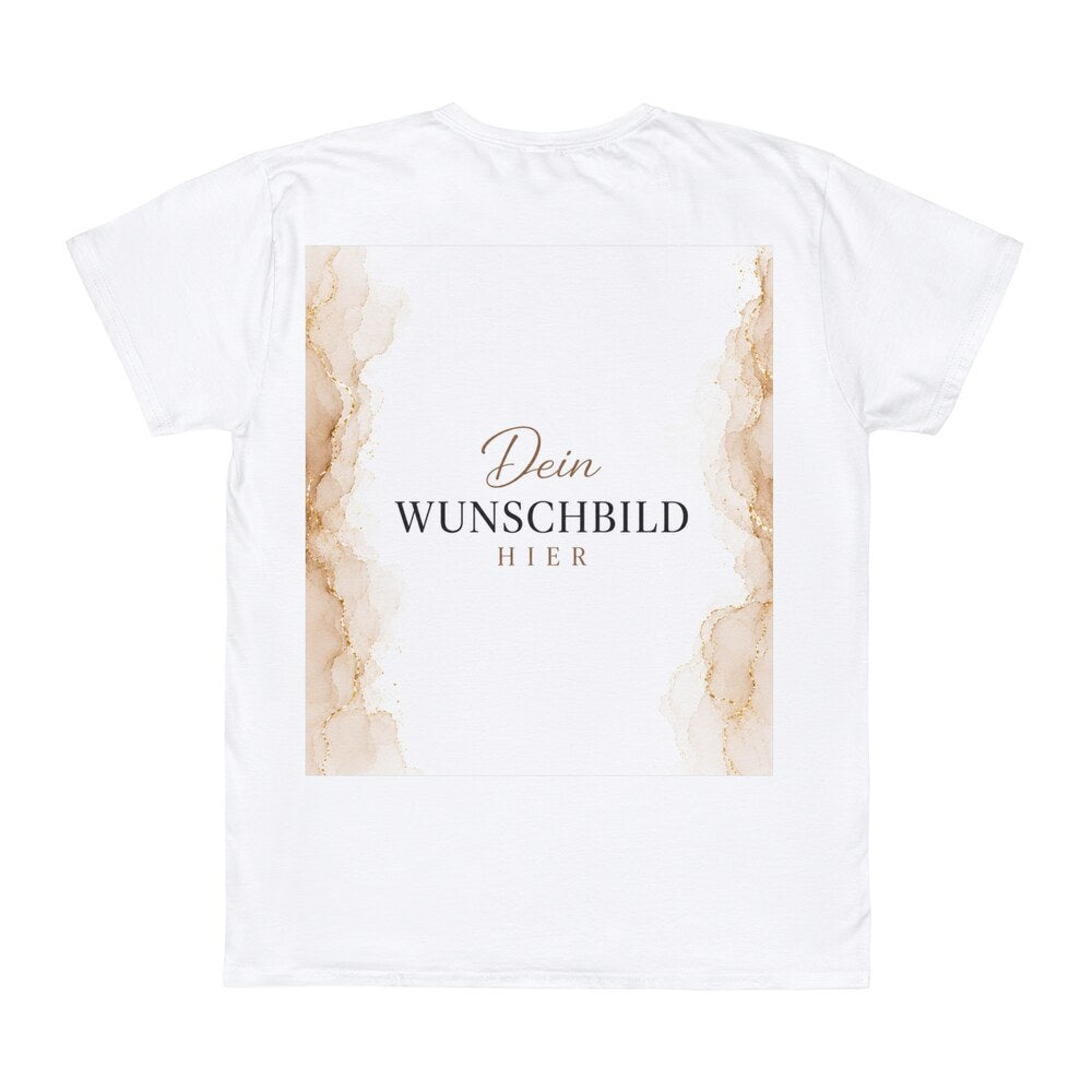 Weißes personalisierbares T-Shirt mit großem Wunschbild-Platzhalter und beigem Marmorrahmen