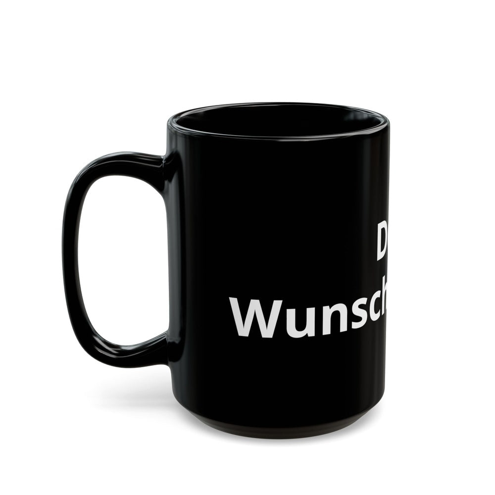 Hochwertige schwarze Keramiktasse mit persönlichem Wunschtext als individuelles Geschenk oder für den Eigengebrauch.