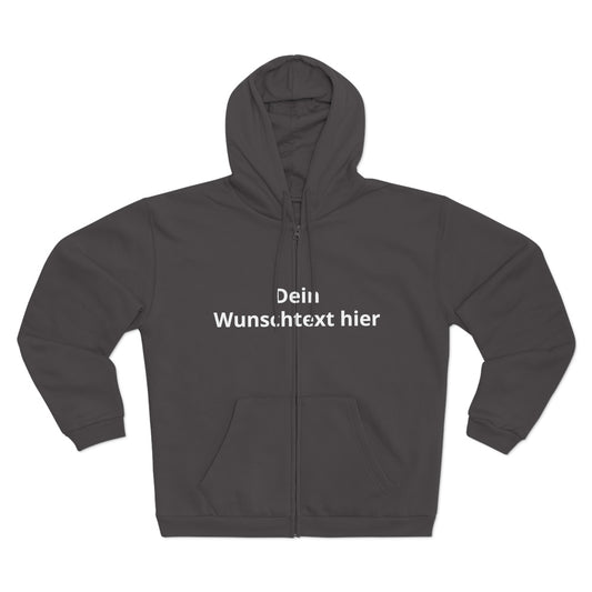 Vorderansicht einer anthrazitfarbenen Sweatjacke mit Reißverschluss und individuellem Wunschtext auf der Vorderseite.