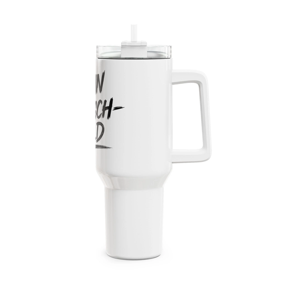 Personalisierbarer XL Thermobecher aus Edelstahl mit individuellem Foto, praktischem Griff, transparentem Deckel und wiederverwendbarem Trinkhalm.