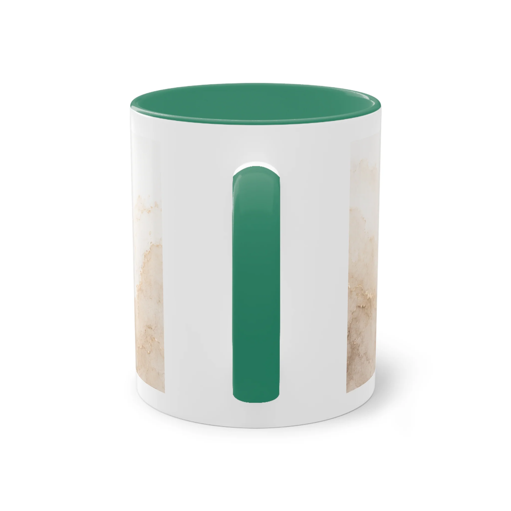 Rückansicht einer weißen Two-Tone Keramiktasse mit grünem Henkel und grünem Innenbereich.