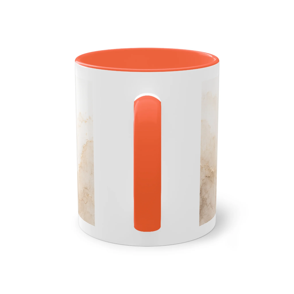 Rückansicht einer weißen Two-Tone Keramiktasse mit orangem Henkel und orangem Innenbereich.